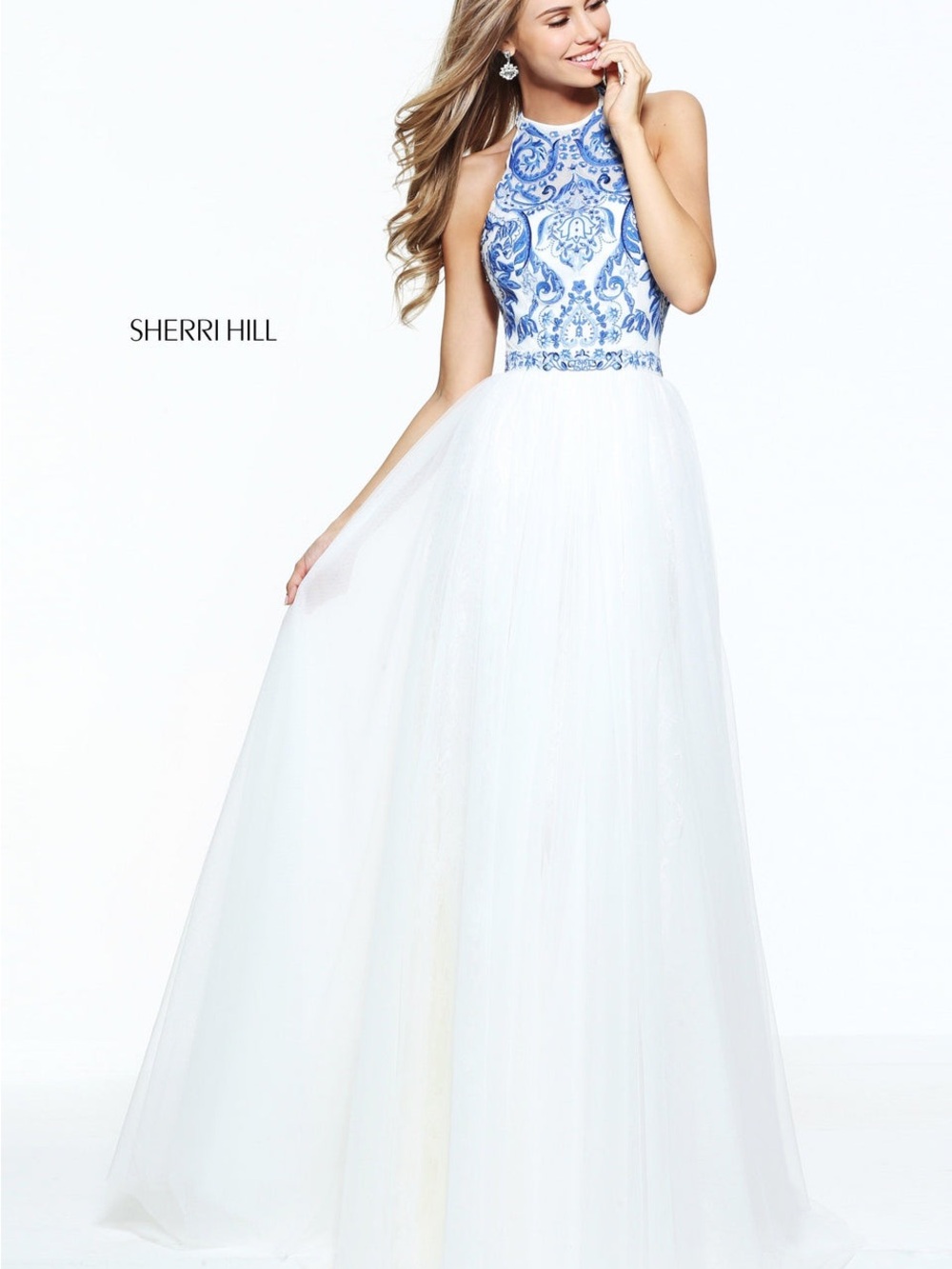 Sherri Hill White Gown with Blue Embroidered Halter Bodice
